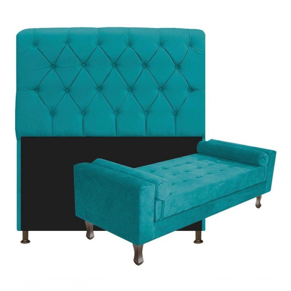 Kit Cabeceira Lady E Recamier Félix 140 Cm Casal Suede Rosê - Amarena Móveis Cor Azul-turquesa Suede - 1