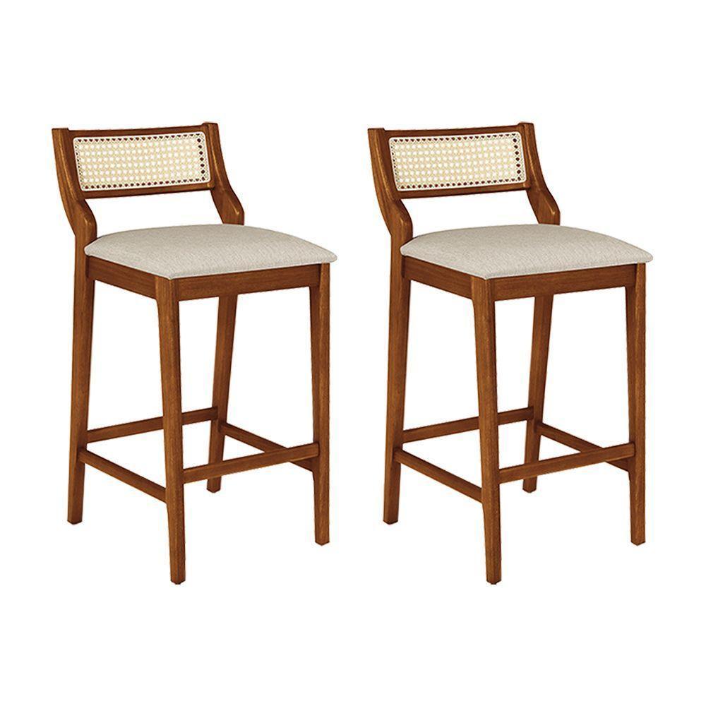 Conjunto 2 Banquetas Lagum Conforto Estofada Jequitibá Natural Linho Bege Palha Sextavada - 1