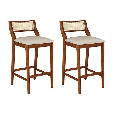 Conjunto 2 Banquetas Lagum Conforto Estofada Jequitibá Natural Linho Bege Palha Sextavada