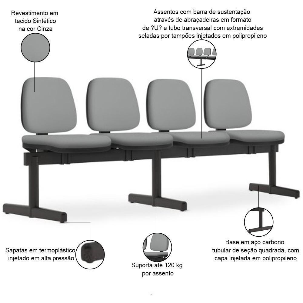 Cadeira Longarina 4 Lugares Recepção Sala De Espera Work F02 Sintético Cinza - Lyam Decor - 2
