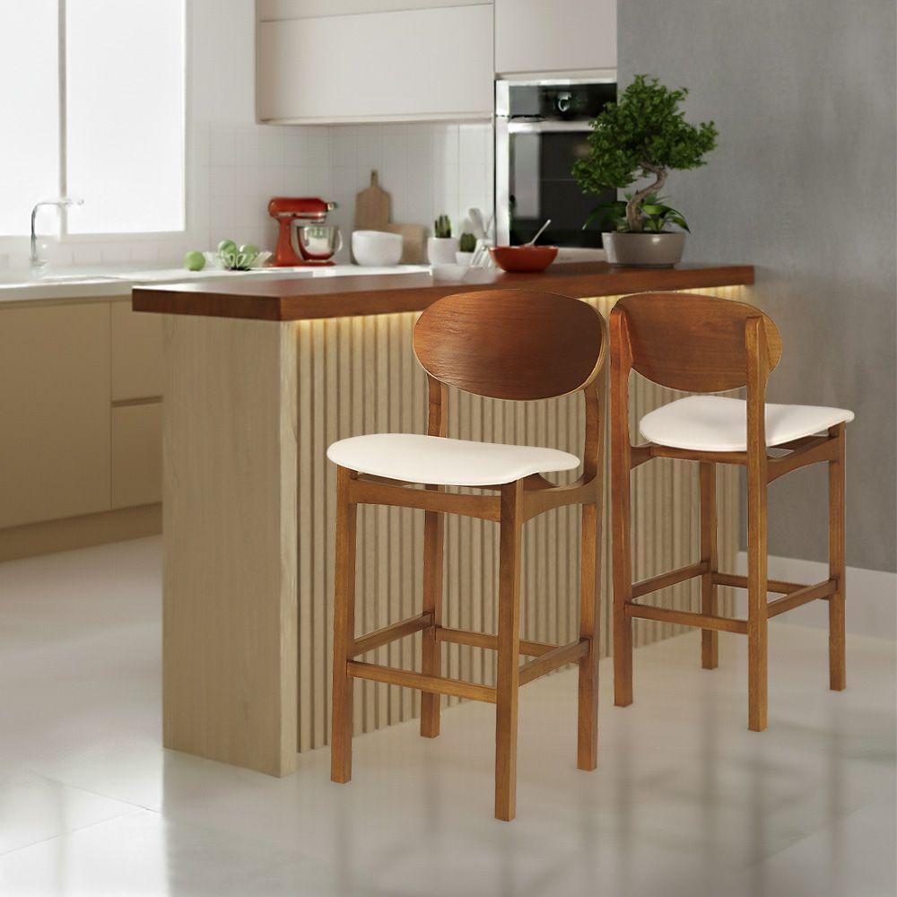 Conjunto 2 Banquetas Samba Madeira Maciça Jequitibá Nozes Conforto E Qualidade Premium Corino Bege - 2