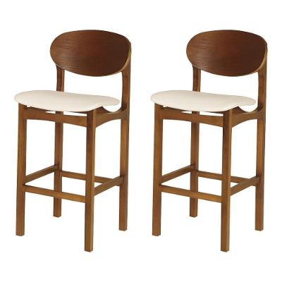 Conjunto 2 Banquetas Samba Madeira Maciça Jequitibá Nozes Conforto E Qualidade Premium Corino Bege