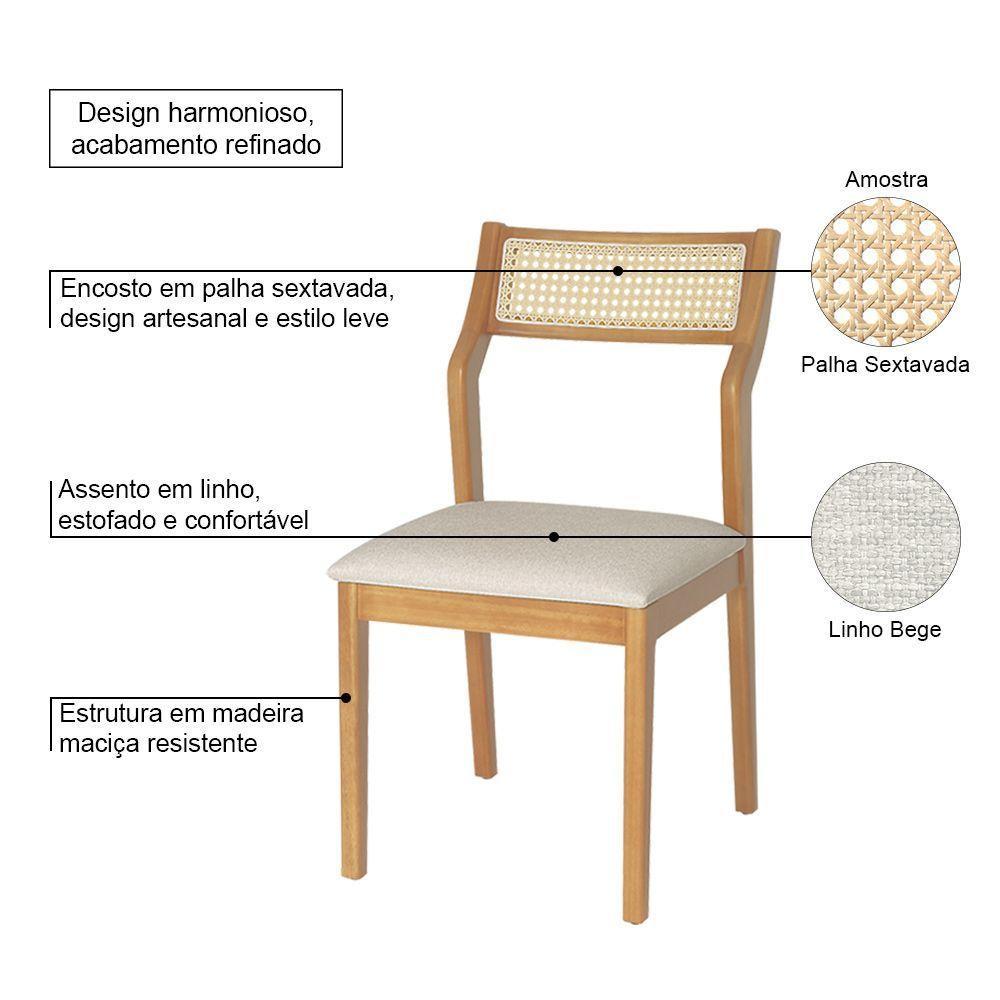 Conjunto 2 Cadeiras De Jantar Lagum Conforto Estofada Jequitibá Natural Linho Bege Palha Sextavada - 3