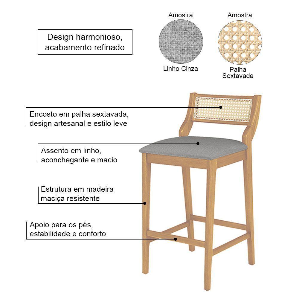 Conjunto 4 Banquetas Lagum Conforto Estofada Jequitibá Terra Linho Bege Palha Sextavada - 3