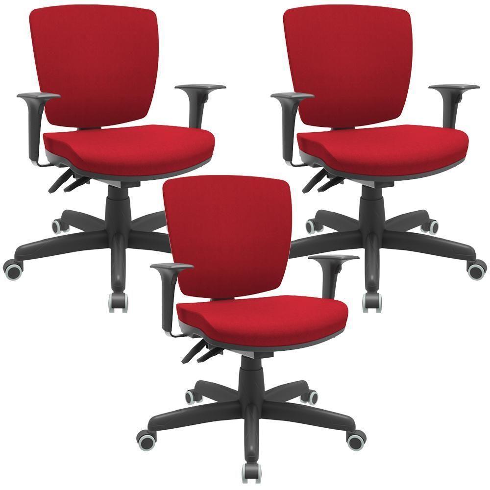 Kit 03 Cadeiras De Escritório Executiva Giratória Preto Baixa Flexi P03 Poliéster Vermelho - Lyam - 1