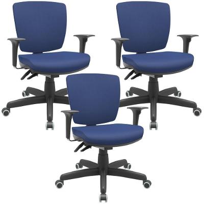 Kit 03 Cadeiras De Escritório Executiva Office Giratória Preto Baixa Flexi P03 Vinil Azul - Lyam