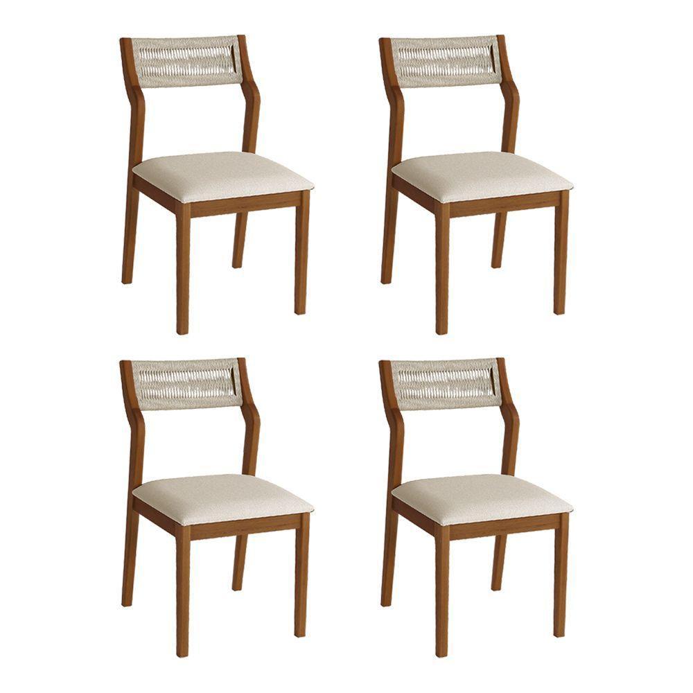 Conjunto 4 Cadeiras De Jantar Lagum Conforto Estofada Jequitibá Terra Linho Bege E Corda Náutica - 1