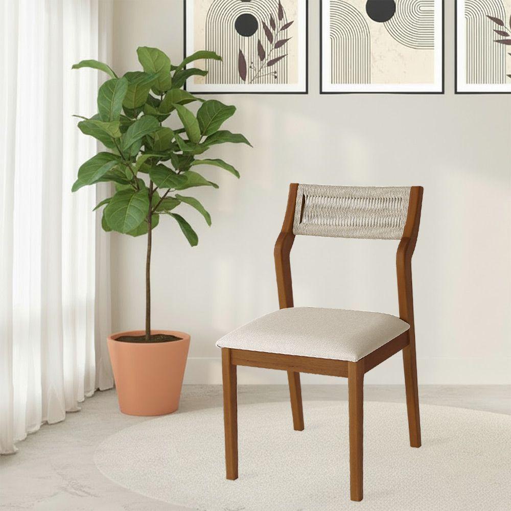 Conjunto 4 Cadeiras De Jantar Lagum Conforto Estofada Jequitibá Terra Linho Bege E Corda Náutica - 2