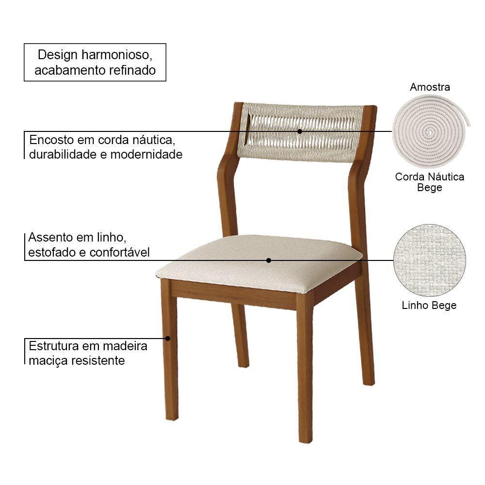 Conjunto 4 Cadeiras De Jantar Lagum Conforto Estofada Jequitibá Terra Linho Bege E Corda Náutica - 3