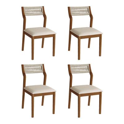 Conjunto 4 Cadeiras De Jantar Lagum Conforto Estofada Jequitibá Terra Linho Bege E Corda Náutica