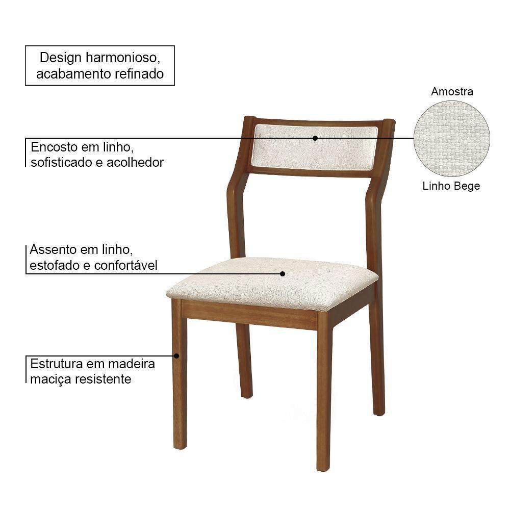 Conjunto 4 Cadeiras De Jantar Lagum Conforto Estofada Jequitibá Terra Linho Bege - 3