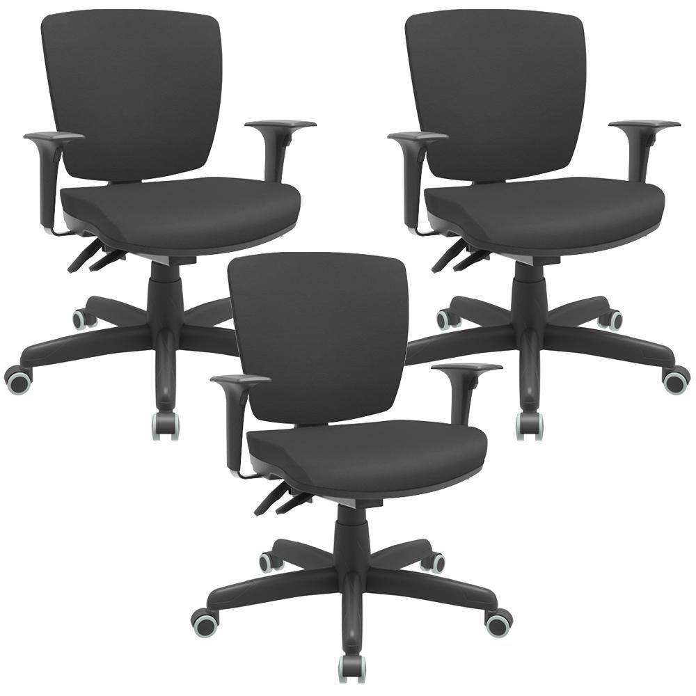 Kit 03 Cadeiras De Escritório Executiva Office Giratória Preto Baixa Flexi P03 Vinil Preto - Lyam - 1