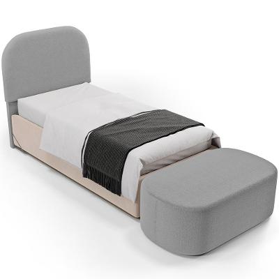 Cabeceira Cama Box 100cm Lanna Com Puff Recamier Doha W01 Bouclê Cinza - Lyam Decor