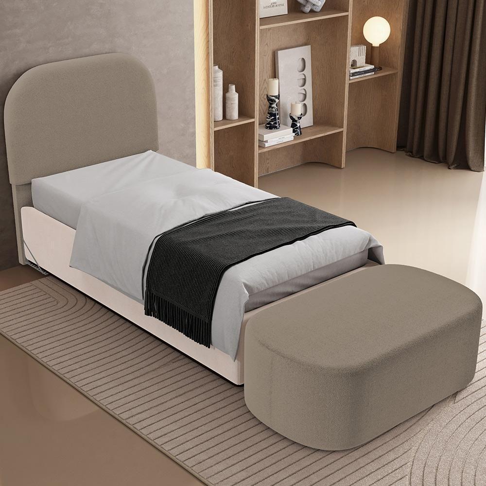 Cabeceira Cama Box 100cm Lanna Com Puff Recamier Doha W01 Bouclê Bege - Lyam Decor - 6