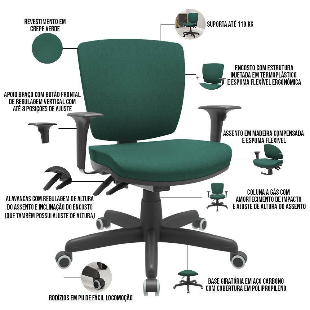 Kit 03 Cadeiras Escritório Executiva Office Giratória Preto Baixa Flexi P03 Poliéster Verde - Lyam - 4