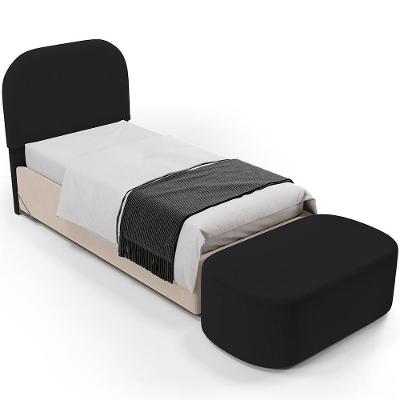 Cabeceira Cama Box 100cm Lanna Com Puff Recamier Doha W01 Bouclê Preto - Lyam Decor