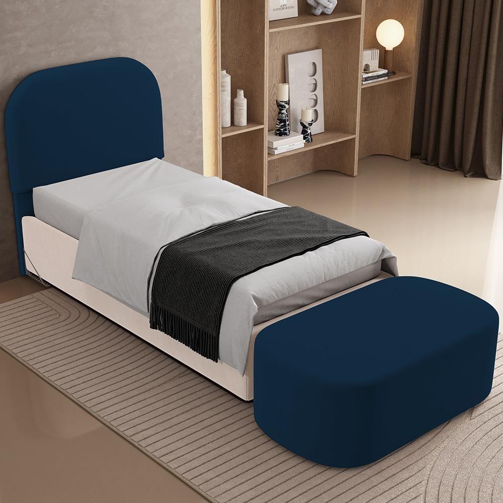 Cabeceira Cama Box 100cm Lanna Com Puff Recamier Doha W01 Suede Azul Marinho - Lyam Decor - 2