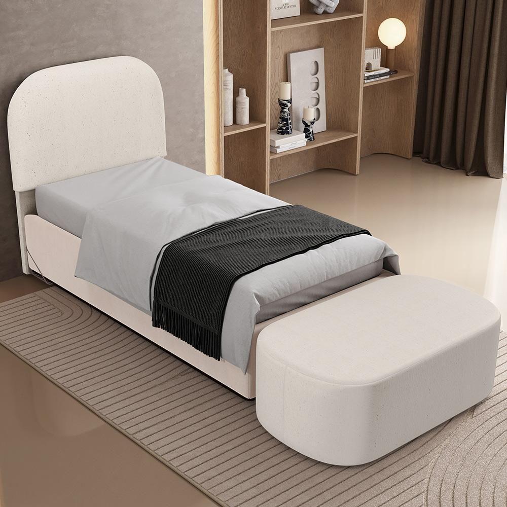 Cabeceira Cama Box 100cm Lanna Com Puff Recamier Doha W01 Linho Cru - Lyam Decor - 2