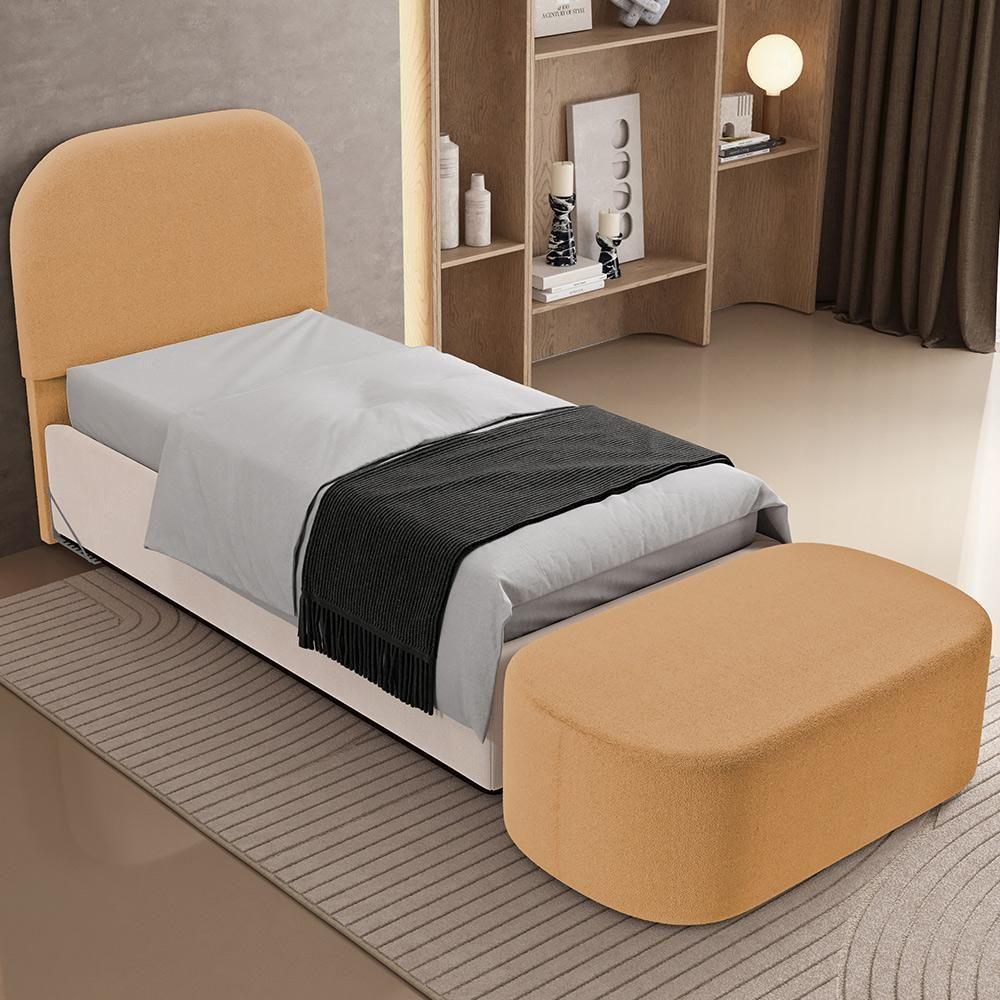 Cabeceira Cama Box 100cm Lanna Com Puff Recamier Doha W01 Bouclê Mostarda - Lyam Decor - 4