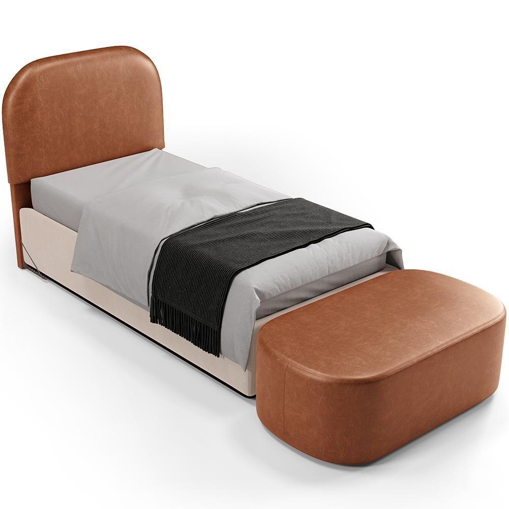 Cabeceira Cama Box 100cm Lanna Com Puff Recamier Doha W01 Couríssimo Camel - Lyam Decor - 1