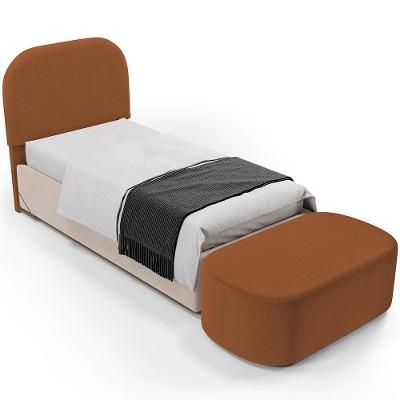 Cabeceira Lanna para Cama Casal Box em Madeira Maciça e Fleece Terracota com Puff Recamier