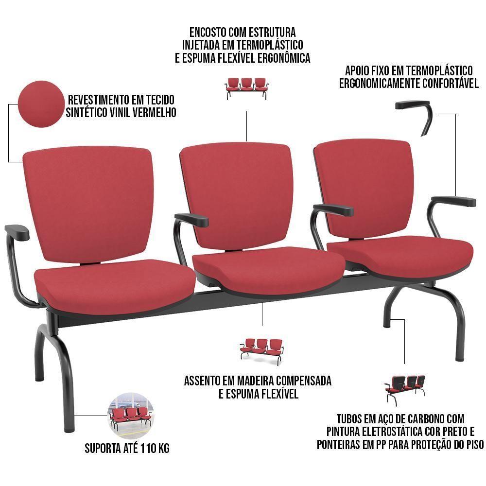 Cadeira Longarina 3 Lugares Aeroporto Recepção Preto Baixa Flexi P03 Vinil Vermelho - Lyam - 4