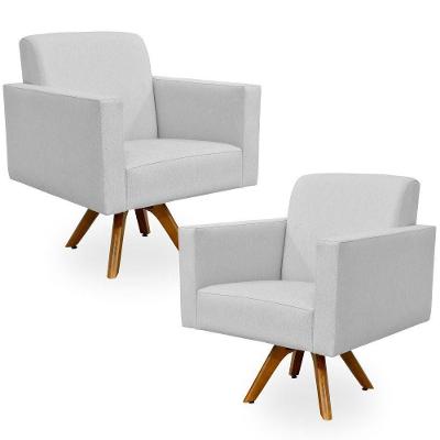 Kit 02 Poltronas Decorativas Giratória Para Sala Estar Base De Madeira Helô L02 Linho Cinza - Lyam Decor
