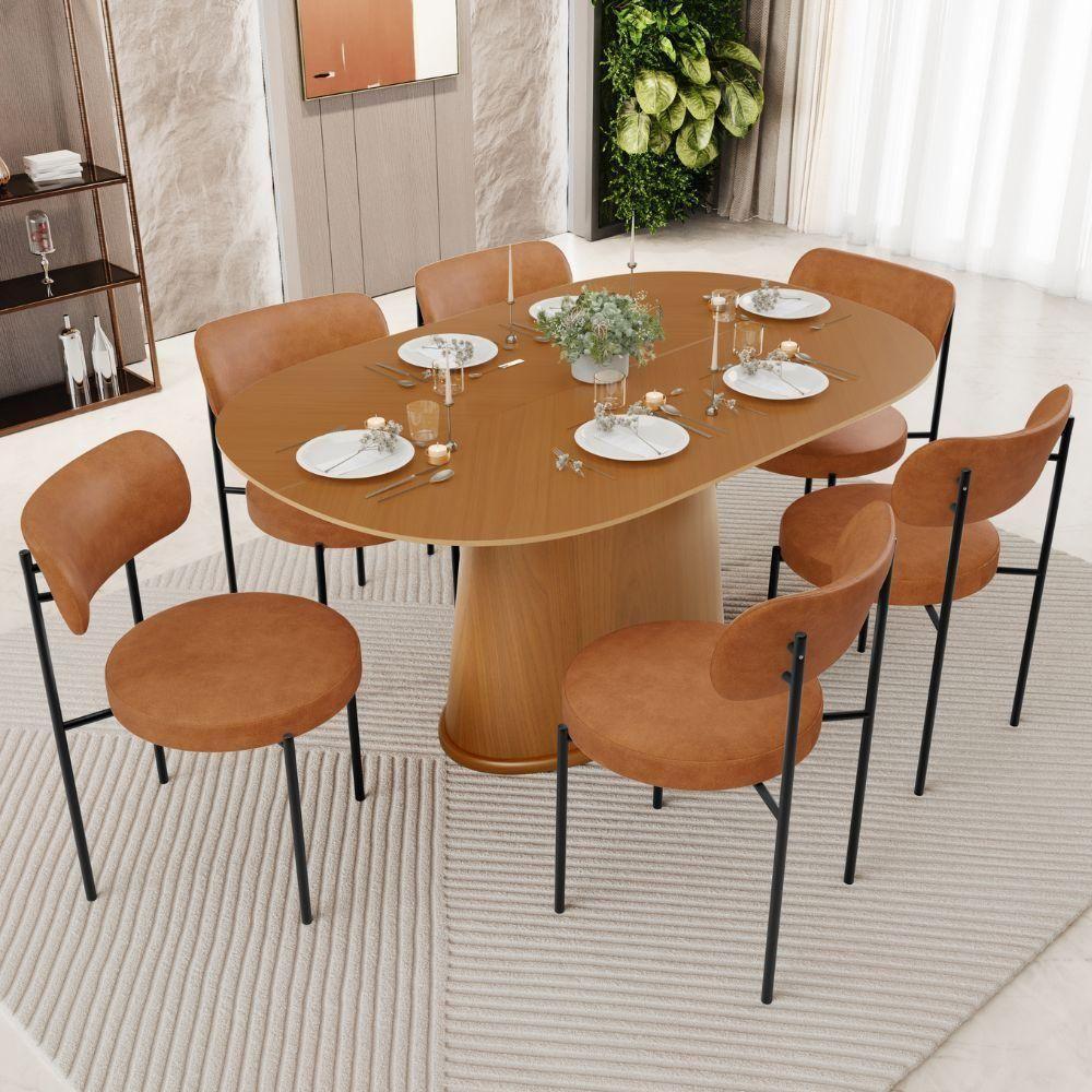 Mesa Valência Com 06 Cadeiras Para Sala De Jantar Louise L02 Couríssimo Canela - Lyam Decor - 2