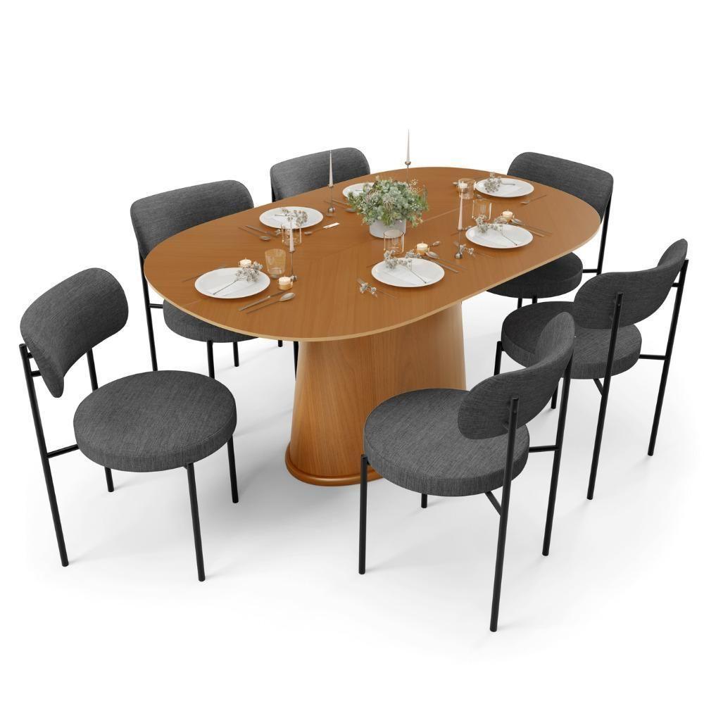 Mesa Valência Com 06 Cadeiras Para Sala De Jantar Louise L02 Linho Cinza Escuro - Lyam Decor - 1