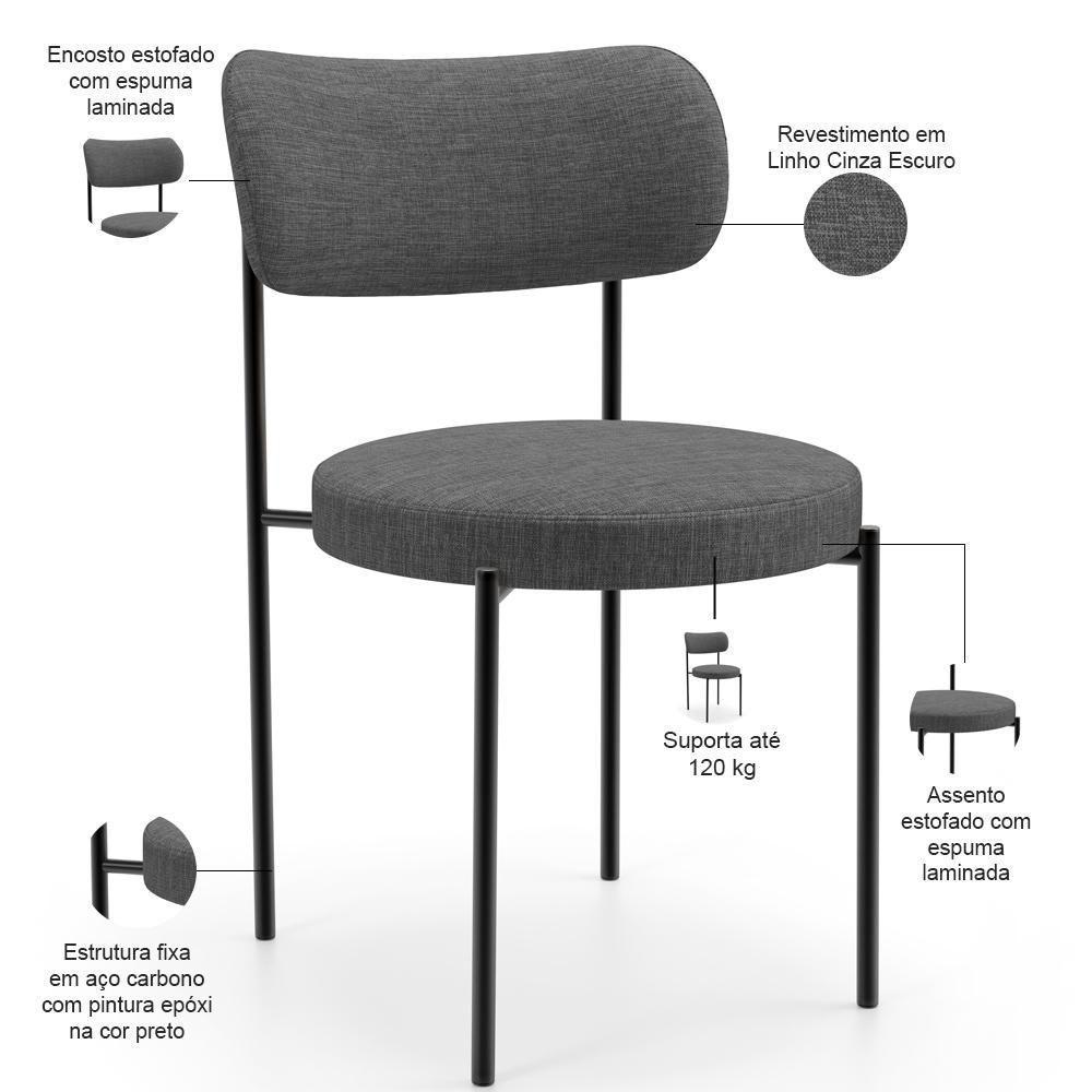 Mesa Valência Com 06 Cadeiras Para Sala De Jantar Louise L02 Linho Cinza Escuro - Lyam Decor - 5