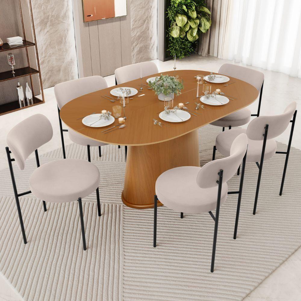 Mesa Valência Com 06 Cadeiras Para Sala De Jantar Louise L02 Suede Bege - Lyam Decor - 2