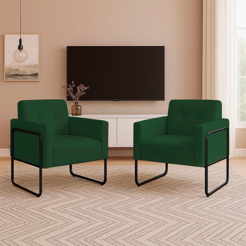 Poltrona Sala Industrial Alta Tubo Preto Kit 2 Elisa Veludo D03 - D'rossi Cor Verde - 1