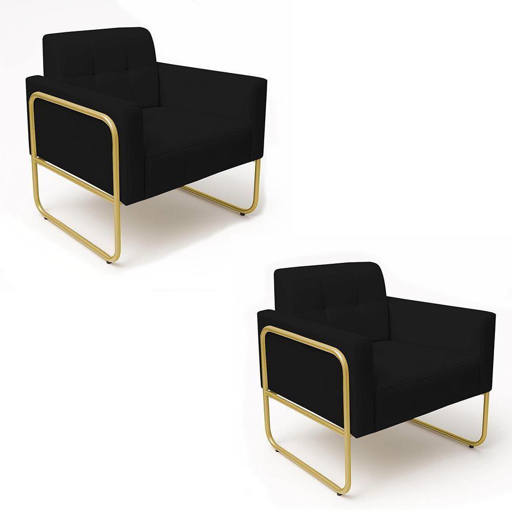 Poltrona Sala Industrial Alta Tubo Dourado Kit 2 Elisa Sintético Preto D03 - D'rossi - 2