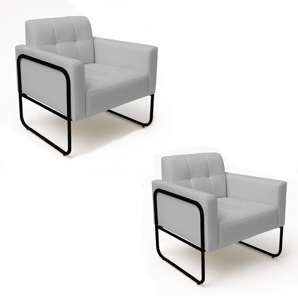 Poltrona Sala Industrial Alta Tubo Preto Kit 2 Elisa Sintético Cinza D03 - D'rossi - 2