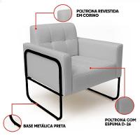 Poltrona Sala Industrial Alta Tubo Preto Kit 2 Elisa Sintético Cinza D03 - D'rossi - 3