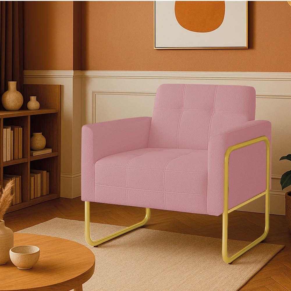 Poltrona Sala Industrial Alta Tubo Dourado Elisa Bouclê D03 - D'rossi Cor Rose - 1
