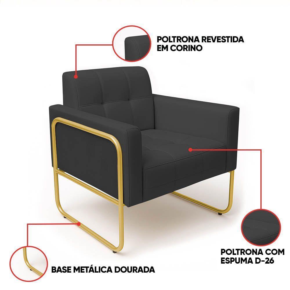 Poltrona Sala Industrial Alta Tubo Dourado Kit 2 Elisa Sintético Grafite D03 - D'rossi - 3