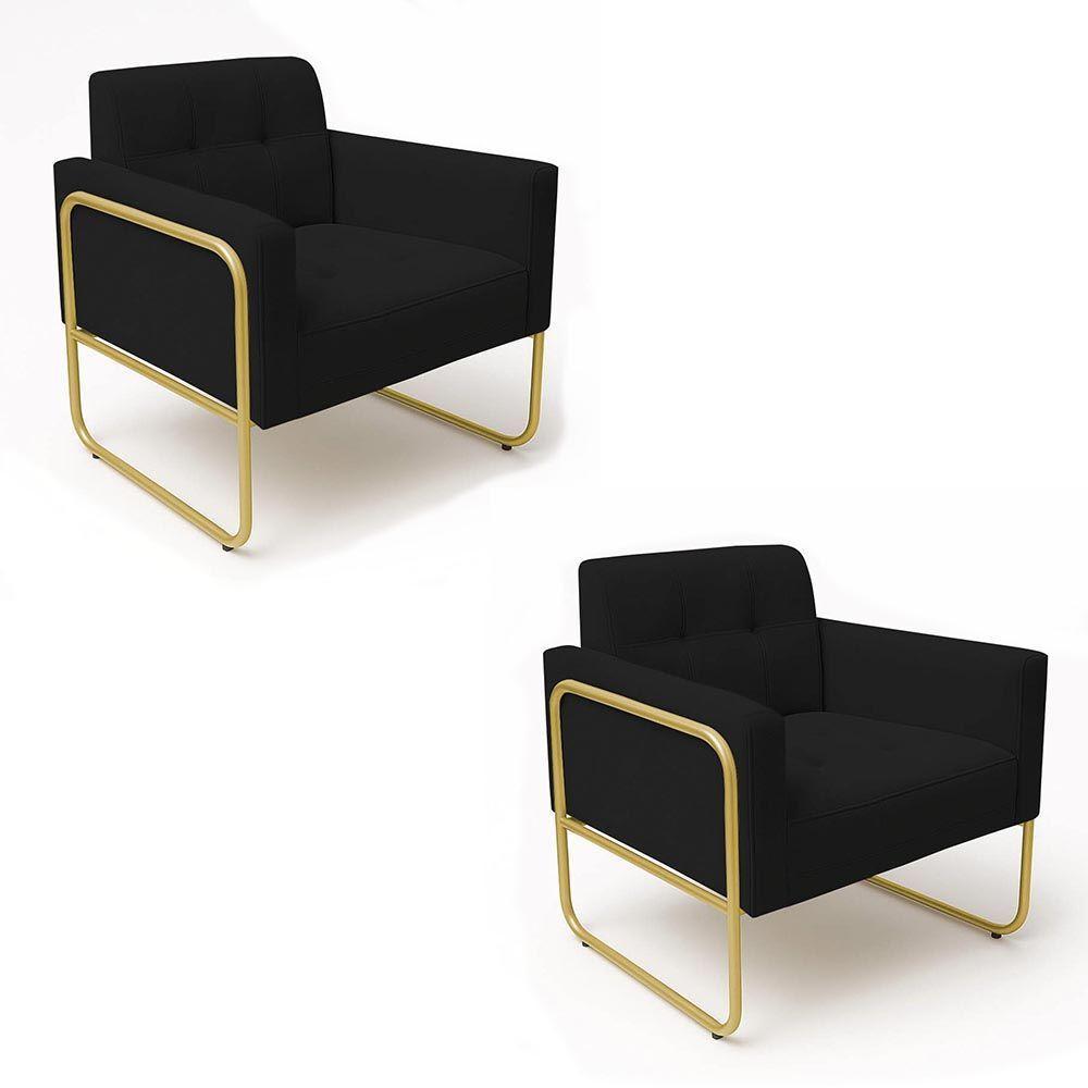 Poltrona Sala Industrial Alta Tubo Dourado Kit 2 Elisa Suede Preto D03 - D'rossi - 2