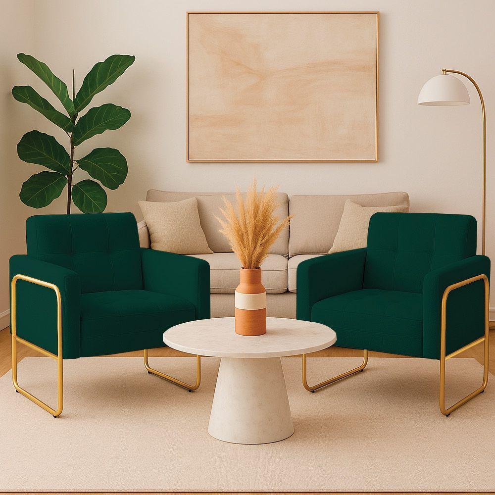 Poltrona Sala Industrial Alta Tubo Dourado Kit 2 Elisa Bouclê Verde D03 - D'rossi - 1