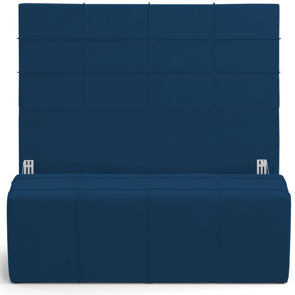 Kit Cabeceira Cama Box Queen 160cm Com Calçadeira Roma W01 Suede Azul Marinho - Lyam - 1