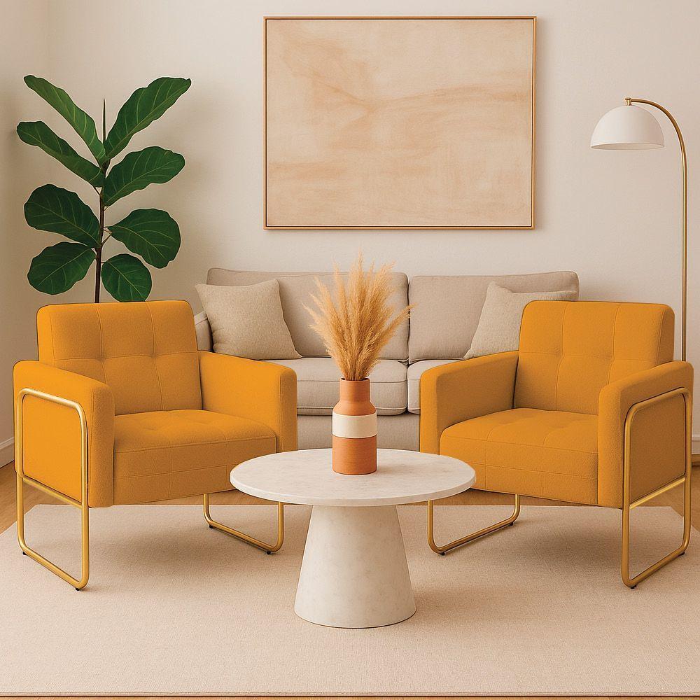 Poltrona Sala Industrial Alta Tubo Dourado Kit 2 Elisa Bouclê D03 - D'rossi Cor Mostarda - 1