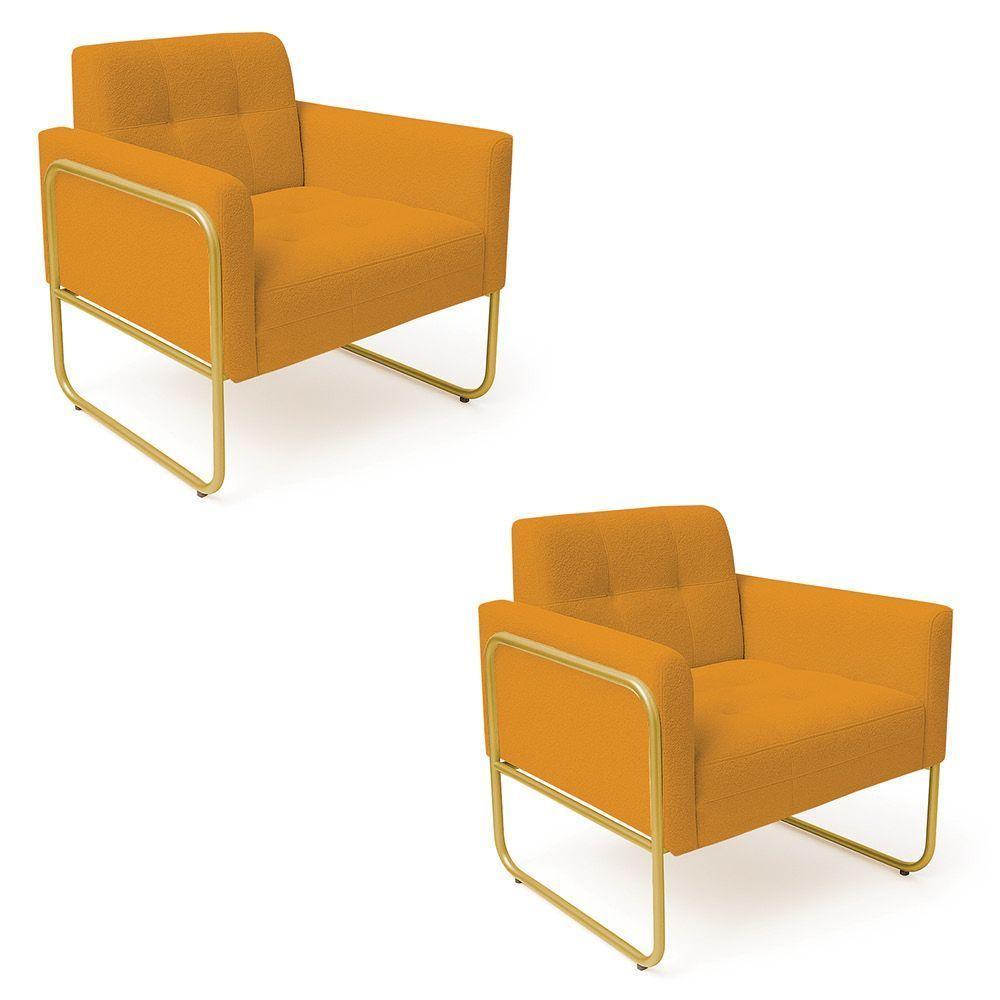 Poltrona Sala Industrial Alta Tubo Dourado Kit 2 Elisa Bouclê D03 - D'rossi Cor Mostarda - 2
