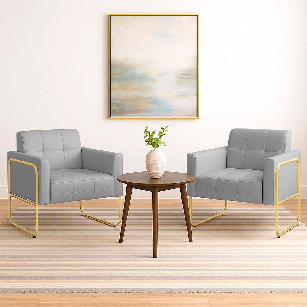 Poltrona Sala Industrial Alta Tubo Dourado Kit 2 Elisa Sintético D03 - D'rossi Cor Cinza - 1