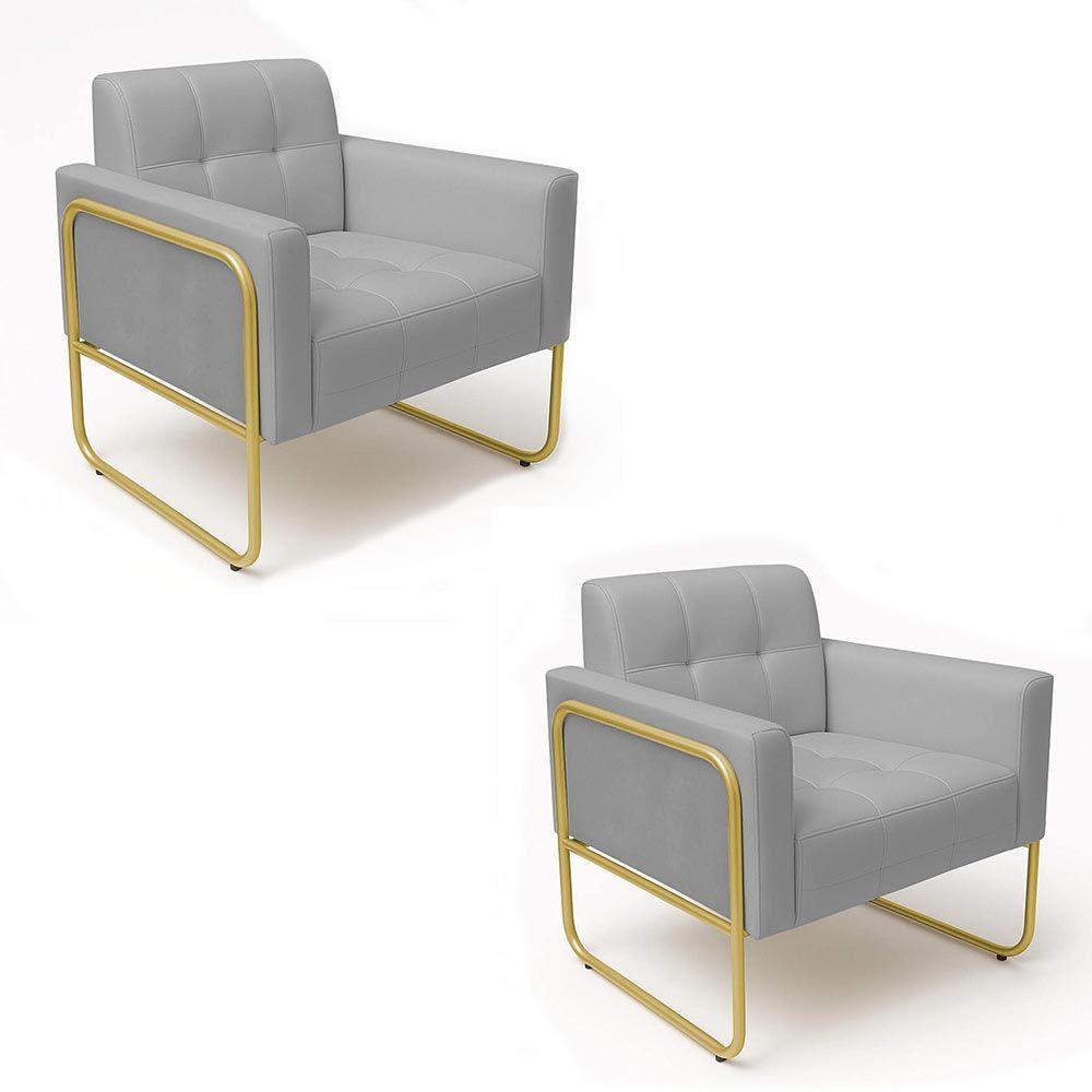 Poltrona Sala Industrial Alta Tubo Dourado Kit 2 Elisa Sintético D03 - D'rossi Cor Cinza - 2