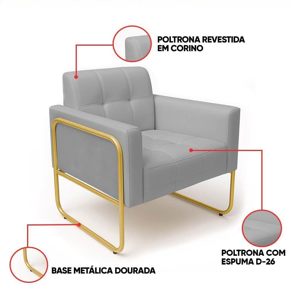 Poltrona Sala Industrial Alta Tubo Dourado Kit 2 Elisa Sintético D03 - D'rossi Cor Cinza - 3