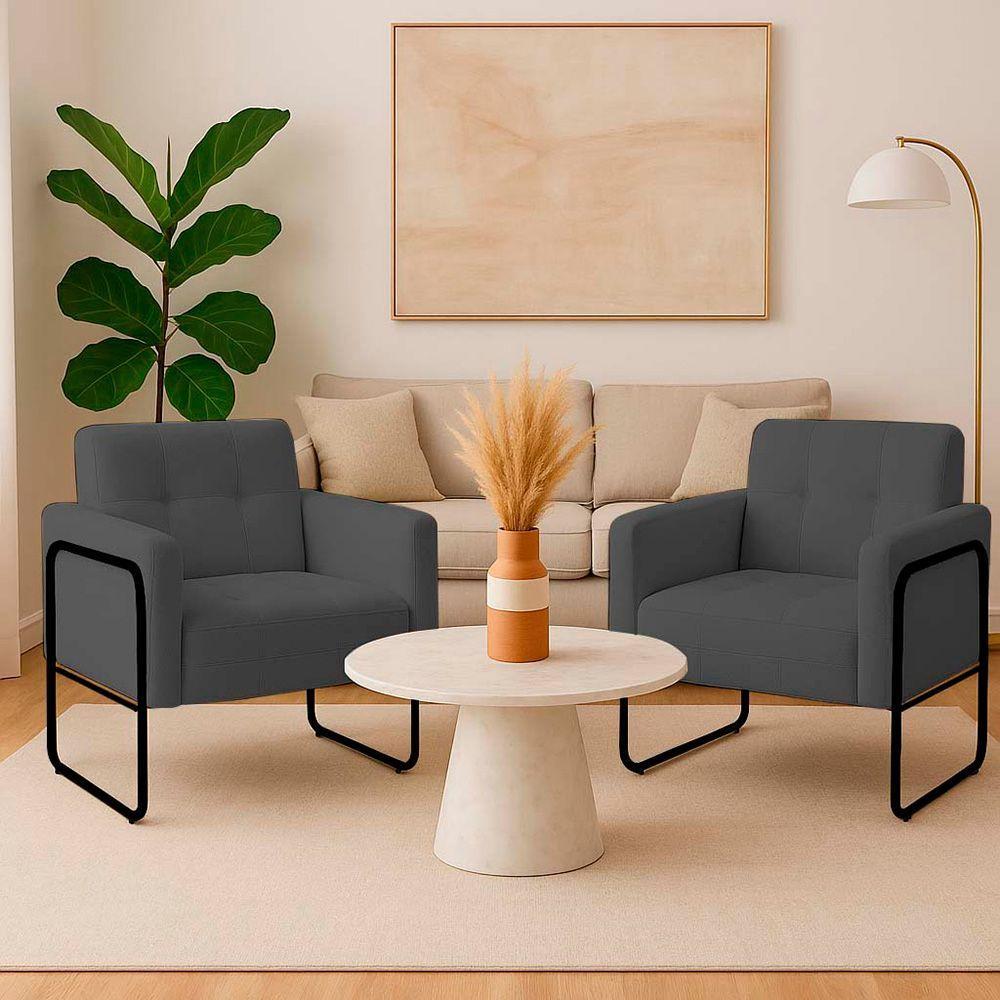 Poltrona Sala Industrial Alta Tubo Preto Kit 2 Elisa Bouclê Grafite D03 - D'rossi - 1