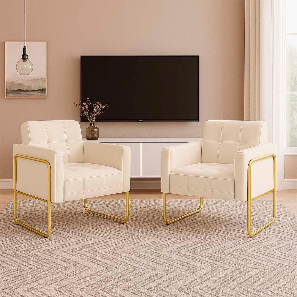 Poltrona Sala Industrial Alta Tubo Dourado Kit 2 Elisa Suede D03 - D'rossi Cor Bege - 1