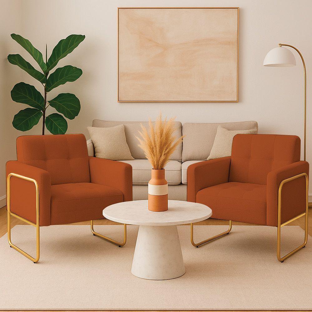 Poltrona Sala Industrial Alta Tubo Dourado Kit 2 Elisa Bouclê D03 - D'rossi Cor Terra - 1