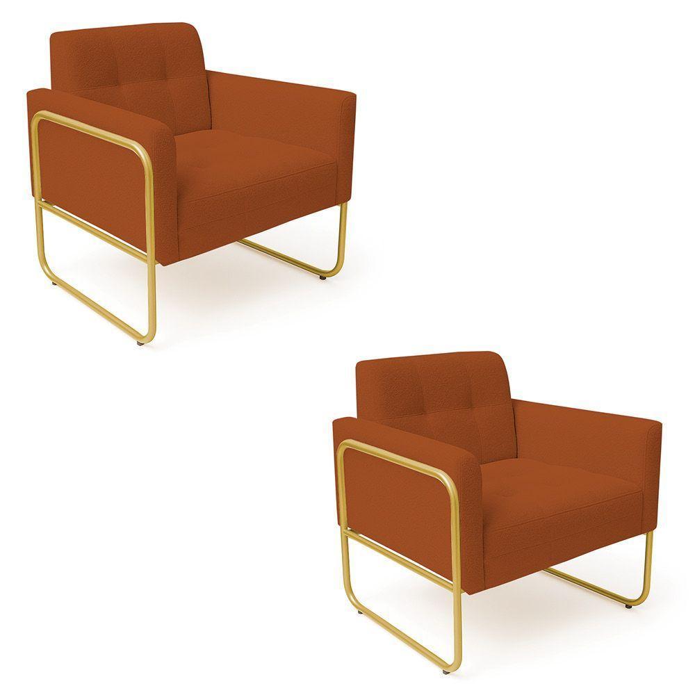 Poltrona Sala Industrial Alta Tubo Dourado Kit 2 Elisa Bouclê D03 - D'rossi Cor Terra - 2