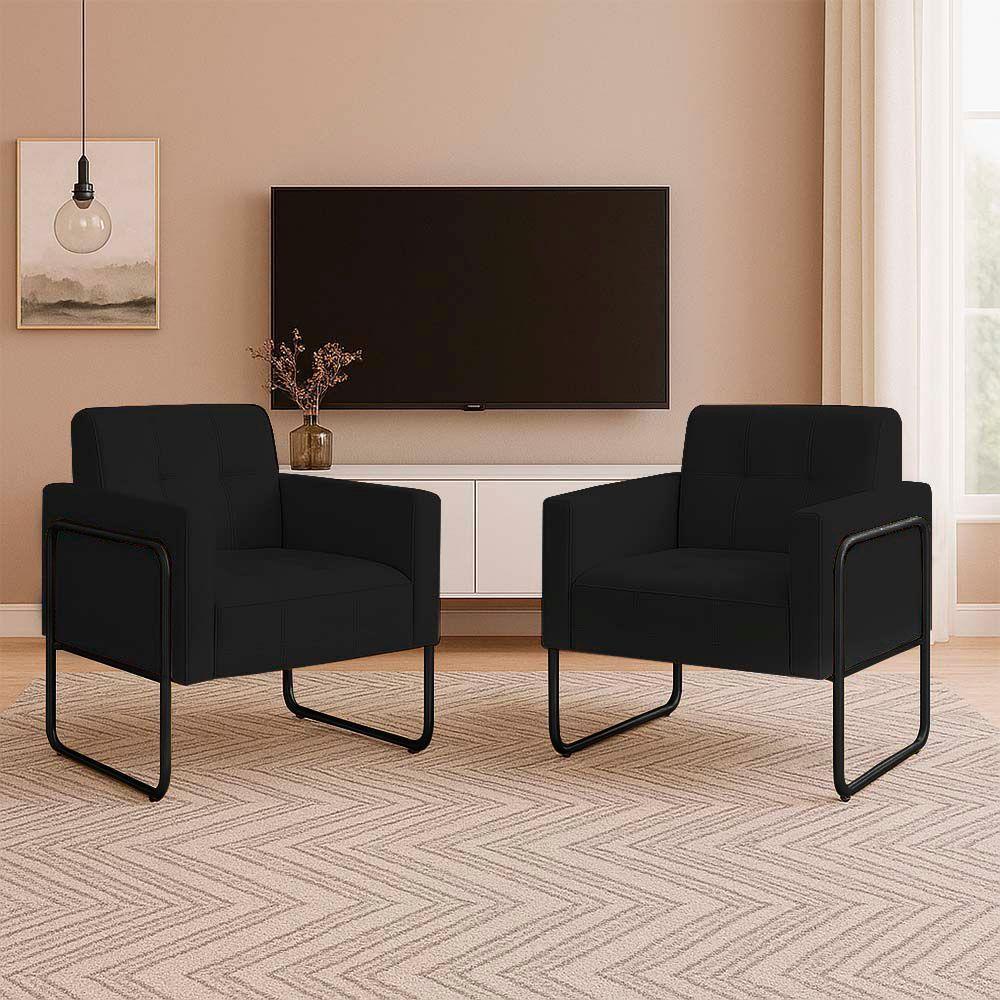 Poltrona Sala Industrial Alta Tubo Preto Kit 2 Elisa Suede D03 - D'rossi Cor Preto - 1